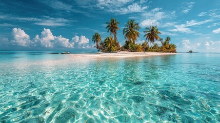 Tropical Island Lagoon Surrounded by Palm Trees and White Sand, Crystal Clear Blue Water with Gentle Ripples, Bright Sky with Puffy Clouds