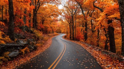Winding Road Through Autumn Forest with Fallen Leaves

