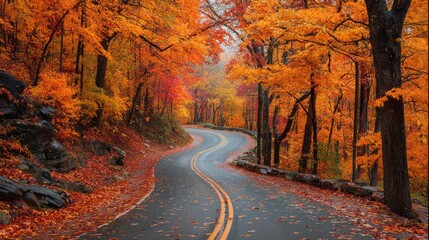 Winding Road Through Autumn Forest with Fallen Leaves

