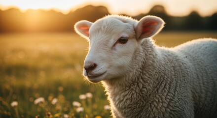 Naklejka premium A fluffy white lamb stands in a sunlit meadow, backlit by the warm golden glow of sunset.