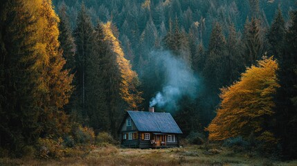 Wooden cabin nestled in an autumn forest, smoke rising from the chimney, cozy and warm atmosphere