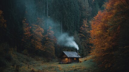 Wooden Cabin in Autumn Forest with Smoke Rising

