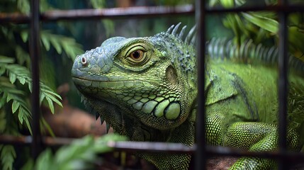 Fototapeta premium Captivating green iguana portrait behind dark bars, showcasing exotic reptilian beauty in a lush jungle environment.