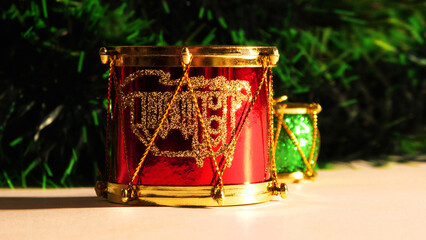 Christmas New Year decoration with colorful handicraft items and tinsel grass