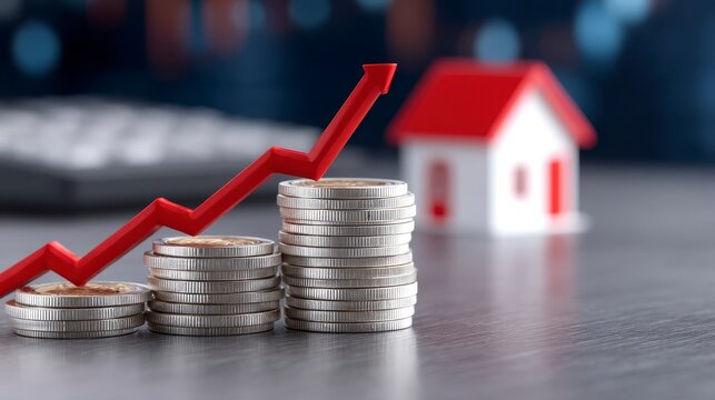 Rising Real Estate Prices Icon Homes and Market Value Growth. Property appreciation analysis escalating home costs and escalating asset valuation.