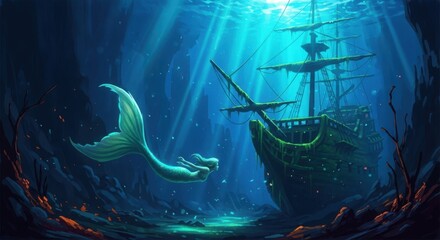 Enchanting mermaid gracefully swims near a sunken pirate ship in the deep blue sea, illuminated by shimmering sun rays