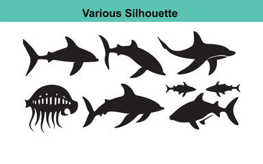Shark Silhouette Vector Graphics: Collection of Black and White Shark Silhouettes, Jellyfish Silhouette, and Sea Life Clip Art Images