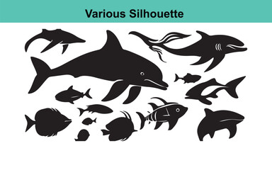 Various Marine Animal Silhouettes: Vector Graphics of Dolphin, Shark, Tropical Fish, and Sea Creatures for Design Projects and Illustrations
