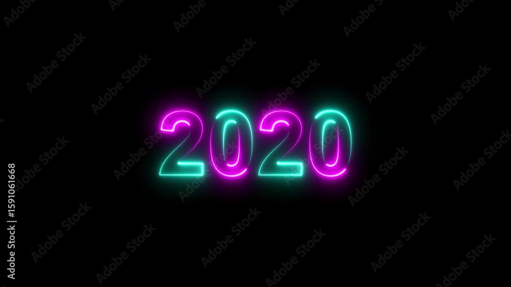 Poster 2020 neon line text. abstract 2020neon text animation ,four color neon glowing neon number 3d text b