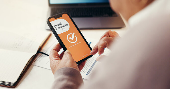 Phone screen, health insurance and check with hands of senior person for application, app or sign up. Information, membership benefits and medical cover with man for online review or login in home