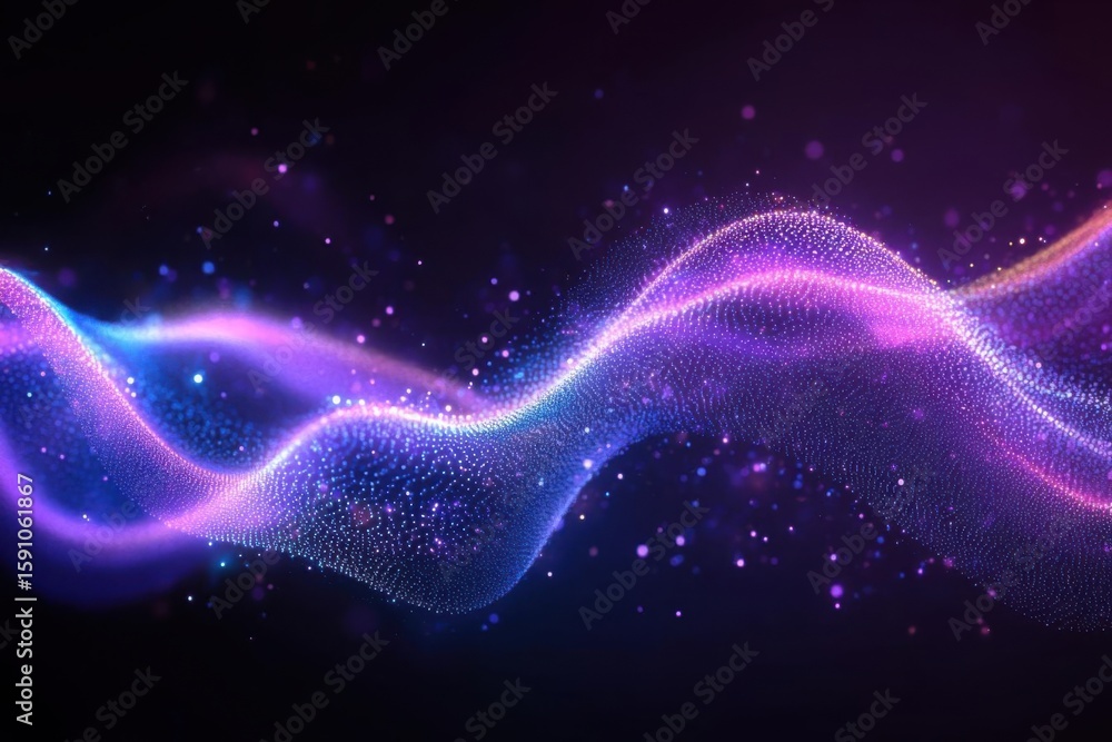 Poster see flowing particle wave and abstract digital theme with waveform visualization