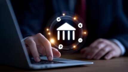 Online Finance Personal Loans Businessman signs loan agreement via laptop with digital financial services icon. Secure digital lending platform for entrepreneurs seeking financial