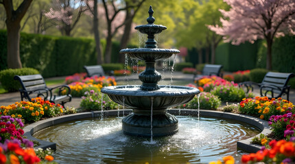 Ornate fountain in a garden with benches and colorful flowers