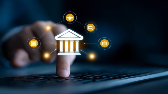 Online Education Seminar Concept Entrepreneurs use computers to deliver E learning training and provide professional personal tutoring services. Digital instruction methodology virtual