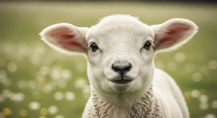 Obraz premium A close-up portrait of a fluffy white lamb with large ears, looking directly at the camera with a gentle expression in a soft, blurred green field dotted with small white flowers.