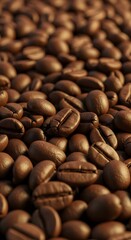 Fototapeta premium A detailed close-up shot of freshly roasted coffee beans filling the frame, creating a rich textured background. A concept of morning energy, caffeine aroma, and the culture of coffee