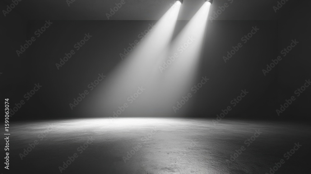 Poster two lights illuminating empty space and creating atmosphere of mystery.