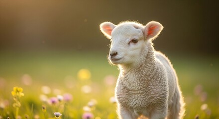 Fototapeta premium An adorable baby lamb with fluffy white fleece is backlit by the warm golden hour sun in a field of wildflowers.