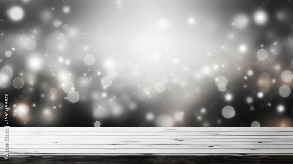 Poster create a glowing background effect with abstract bokeh light and wooden stage