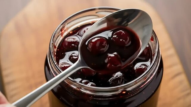 Luscious Cherry Jam CloseUp of Spoon Lifting Rich Glossy Fruit Preserves from Glass Jar.