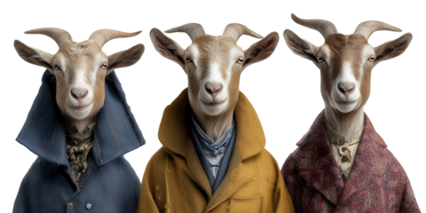 Three goats wearing coats