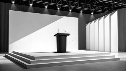 Black minimalist podium on white background with harsh shadows
