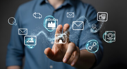 Man interacts with digital interface, managing data streams and online communication.