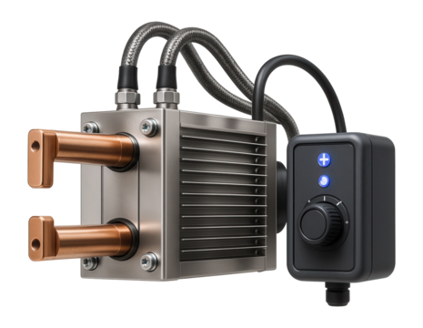 Water-cooled spot welding transformer with external control unit for energy-efficient operations in heavy industries.