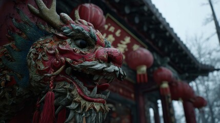 Fototapeta premium Captivating Close-Up: Ornate Red Dragon Sculpture Graces Chinese Temple Entrance with Traditional Lanterns under Overcast Skies.