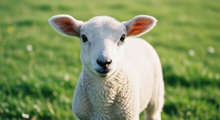 Obraz premium A young, fluffy white lamb with large ears gazes directly at the camera, standing in a vibrant green grassy field under soft sunlight.