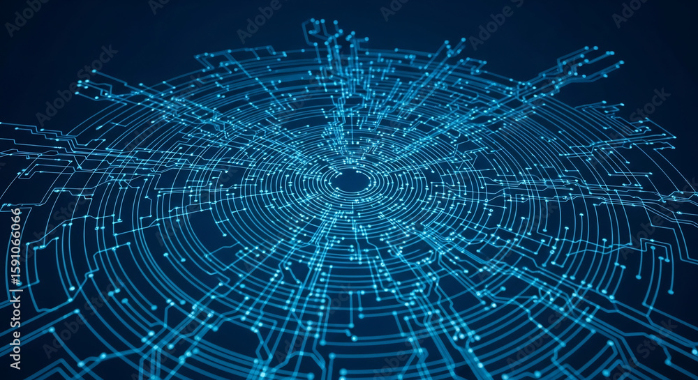 Poster a futuristic glowing blue digital network with radiating concentric circuits and luminous nodes.