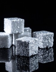 Sparkling sugar cubes arranged on a reflective black surface with glistening granules catching the light.