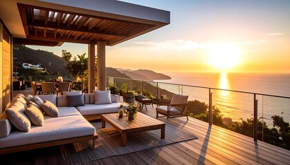 Fototapeta premium Luxurious outdoor deck at sunset overlooking ocean