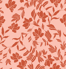 A seamless floral silhouette pattern in warm rust on a soft peach background, ideal for women’s summer apparel, resort wear, and textile surface pattern designs. Clean, minimalist, and nature-inspired