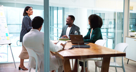 Presentation, meeting and business people in office with whiteboard for finance forecasting....