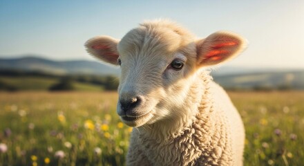 Fototapeta premium A close-up of a young lamb standing in a sunny meadow with wildflowers, hills visible in the background.