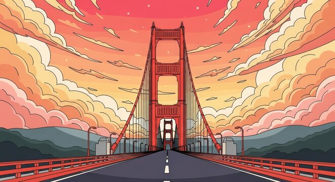 Golden Gate Bridge Sunset Illustration