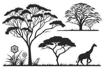 Stylized black and white silhouette illustrations of nature elements, perfect for tattoos, prints, clipart, and decorative minimalist design projects.