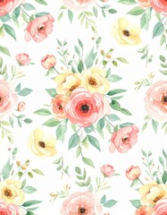 Soft watercolor floral pattern featuring pink and yellow flowers with green leaves on a white background.