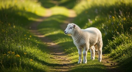 A young white lamb stands on a winding dirt path in a lush, sunlit green meadow.