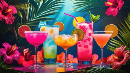 A vibrant tropical setting featuring five colorful cocktails garnished with citrus and surrounded by lush palm leaves and bright hibiscus flowers.