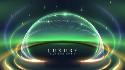Green northern lights scene glowing in the night sky decorated with golden light particle effect and stars, luxury style background design concept.