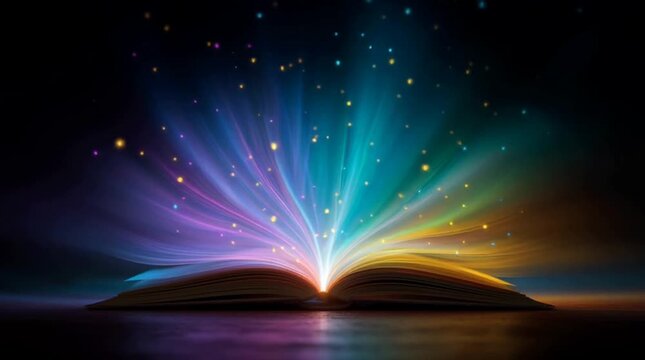 Magical book glowing with radiant colorful sparkles and light beams bursting upward in fantasy concept background representing imagination, knowledge, creativity, storytelling, and mystery