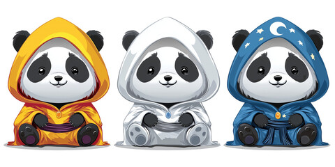 Fototapeta premium Three pandas wearing colorful hooded robes