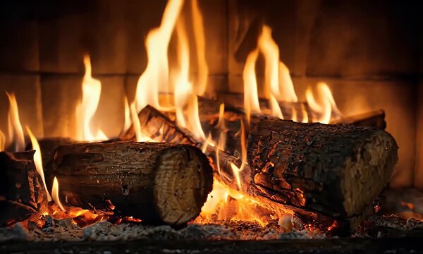 
Fire in the fireplace, close-up, pure black background, night, warm light, red glow, dark tones,