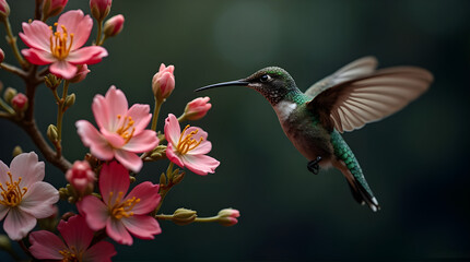 Hummingbird hovering near pink blossoms in a dark background