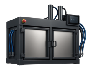 Two-ram baler with a dual chamber design and touch-screen controls for processing mixed recyclables in a materials recovery facility