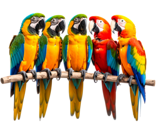 Group of Talking Parrots in Semi-Circle, Front View with Expressive Poses, Isolated PNG