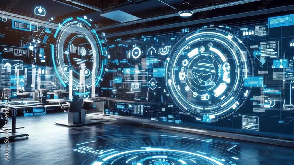 Poster futuristic technology control room featuring holographic digital interface and data visualization in