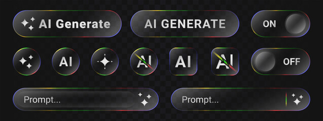 AI UI button liquid glass style. Artificial intelligence symbol transparent gradient effect for user interface. Vector